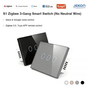 US Standard S1 Zigbee 3-Gang Smart Touch Switch Single Live Wire No Neutral Required, Zigbee 3.0 Mesh Self-Repeating Module 5-300W Per Gang, Tempered Glass Touch Panel, Alexa Google Assistant Voice Control, Tuya Smart Life APP Remote Timing Control, Easy Retrofit For Old House Renovation, 4 Colors White/Grey/Gold/Black