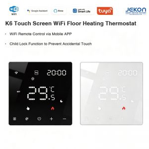 K6 Tuya WiFi Mirror Touch Screen Floor Heating Thermostat, AC90-240V Wide Voltage, 16A 3500W Max Electric Heating Load, Equipped With 3M NTC Sensor Wire, Child Lock, White & Black 2 Colors