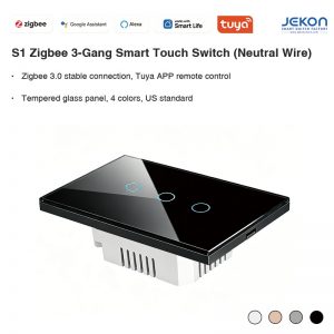 US Standard S1 Zigbee 3-Gang Smart Touch Switch Neutral Live Wire Required, Zigbee 3.0 Mesh Stable Signal 16A Max Load 5-300W Per Gang, Tempered Glass Touch Panel, Alexa Google Assistant Voice Control, Tuya Smart Life APP Remote Timing Control, 4 Colors White/Grey/Gold/Black For Home Hotel Whole House Smart Lighting