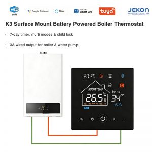 K3 Tuya WiFi Touch Boiler Thermostat Surface Mount Battery Powered Smart Heating Thermostat With Child Lock Humidity Weather Display