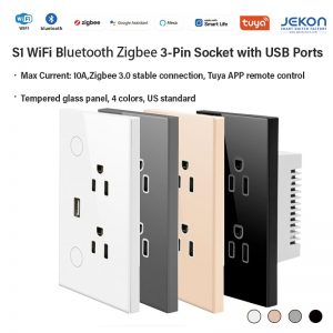 US Standard S1 Multi-Mode Smart Wall Socket, Optional WiFi CB3S / Zigbee ZS2S Module, Dual 3-Pin US Receptacle With Built-in USB Charging Port, 10A Max Current, Tempered Glass Panel, Tuya Smart Life APP Remote Control, Alexa Google Assistant Voice Control, Timing & Power Monitoring, 4 Colors White/Champagne Gold/Grey/Black