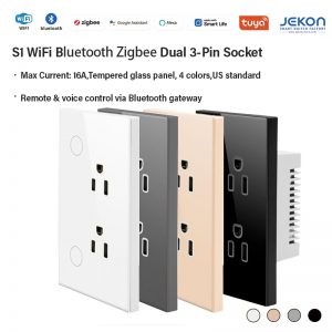 US Standard S1 Multi-Protocol Smart Duplex Wall Socket, Optional WiFi CB3S / Zigbee ZS2S ZTU Module, 16A Max Load, Dual Independent US 3-Pin Power Outlets, Tempered Glass Panel, Tuya Smart Life APP Remote Timing & Scene Control, Voice Control Supported by Alexa & Google Assistant, 4 Colors White/Champagne Gold/Grey/Black