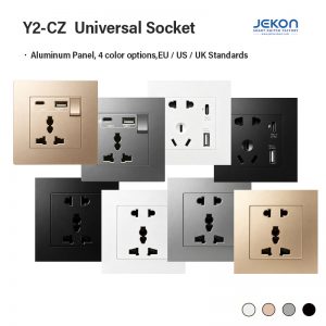 Y2‑CZ Brushed Aluminum Panel Wall Socket 86 Type Universal Multi‑Function Power Outlet USB‑A Type‑C Charging Port 110‑250V 4 Colors For Home Hotel Office